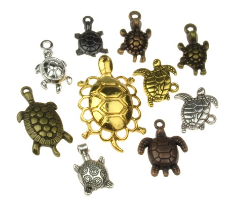 Assorted shapes and sizes metal tortoises, pendants 15~43x9~28x2~9 mm hole 2~3 mm assorted colors - 20 grams
