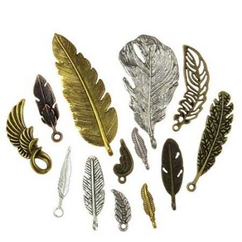 Assorted shapes and sizes feathers metal pendants 29~86x5~41x1~2 mm hole 2~3 mm assorted colors - 20 grams
