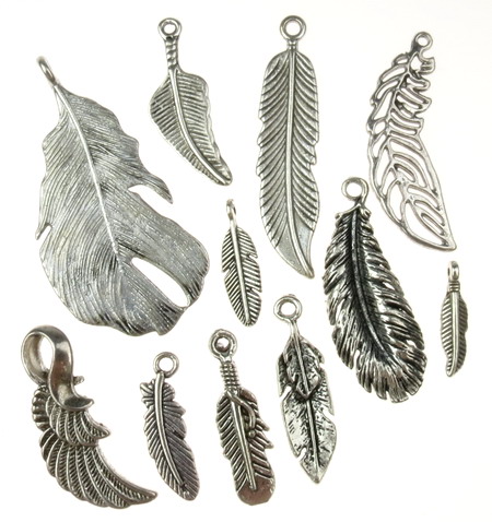 Various of types and sizes metal feather pendants 29~86x5~41x1~2 mm hole 2~3 mm color old silver - 20 grams