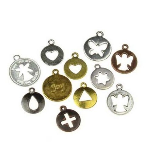 Assorted coin types and sizes metal pendants 16.5~22x14 ~ 18.5x1~1.5 mm hole 1~2.5 mm various color - 20 grams