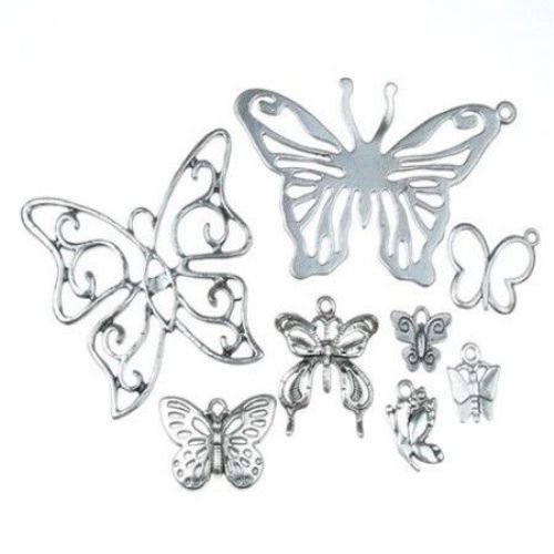 Pendant metal butterfly ASSORTED 10 ~ 75x10 ~ 47x1 ~ 3 mm hole 1 ~ 5 mm color old silver -20 grams