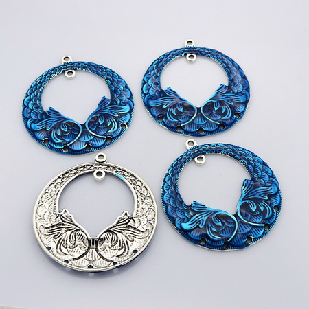 Metal Earrings Connector Charms - Silver-plated with blue Paint,  64x58x3 mm, Hole: 1 ~ 2 mm -2 pieces