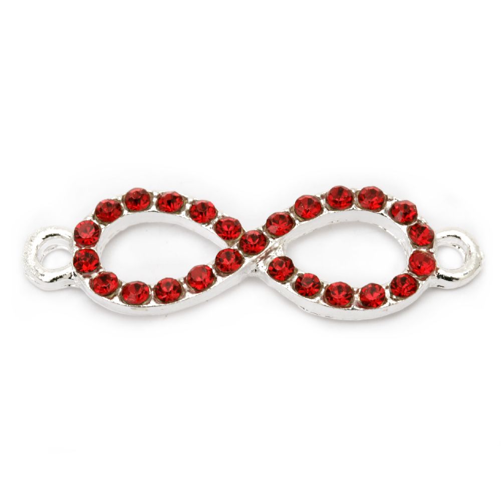 Metal connector in infinity sign shape with red crystals 32x10x3 mm hole 2 mm color silver - 2 pieces