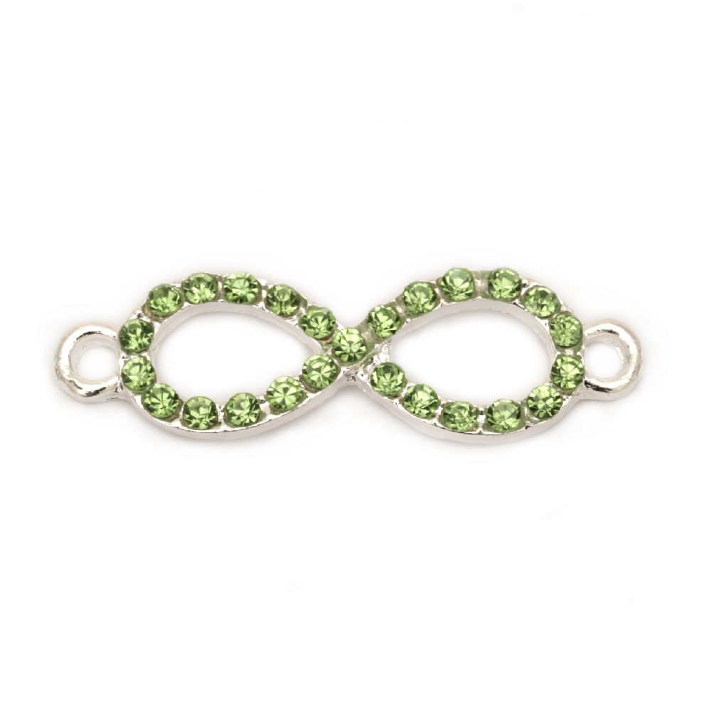 Metal fasteners - connector bead infinity with light green crystals    32x10 mm hole 2 mm color white