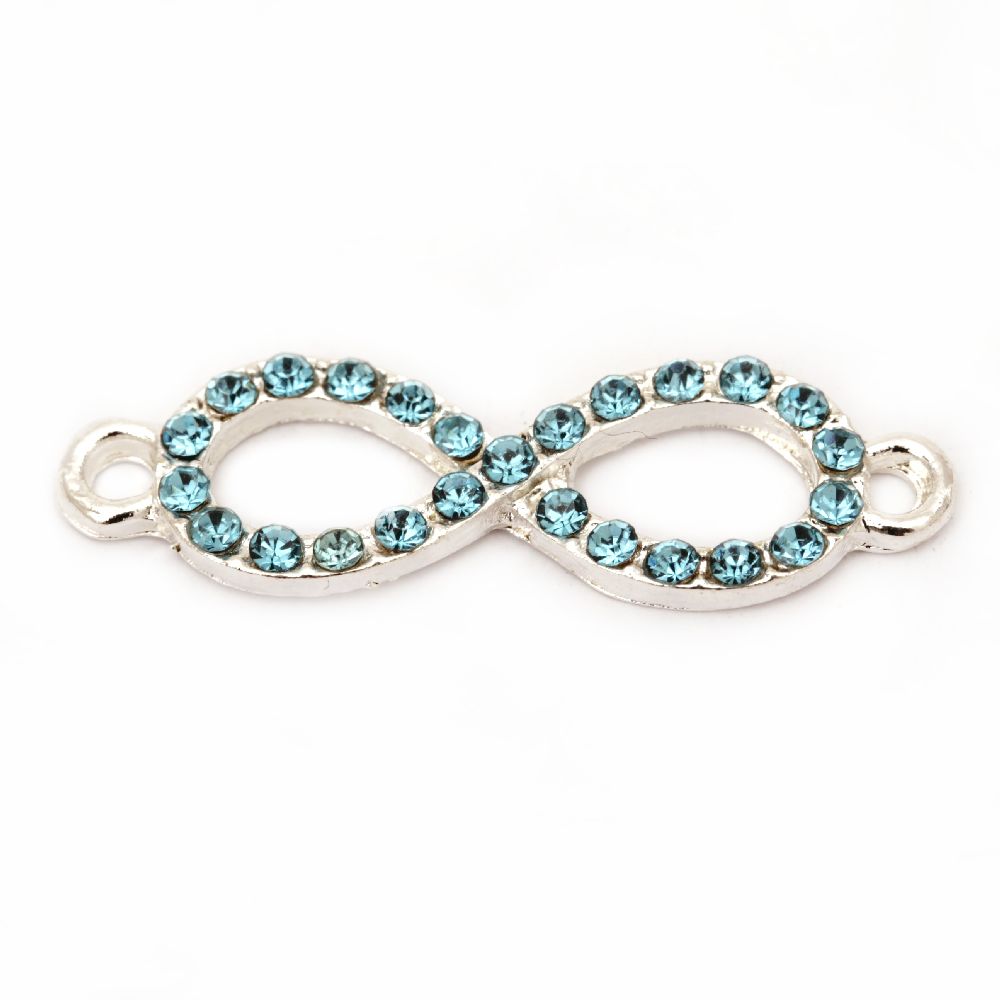 Metal connecting element infinity sign with turquoise crystals 32x10 mm hole 2 mm color white