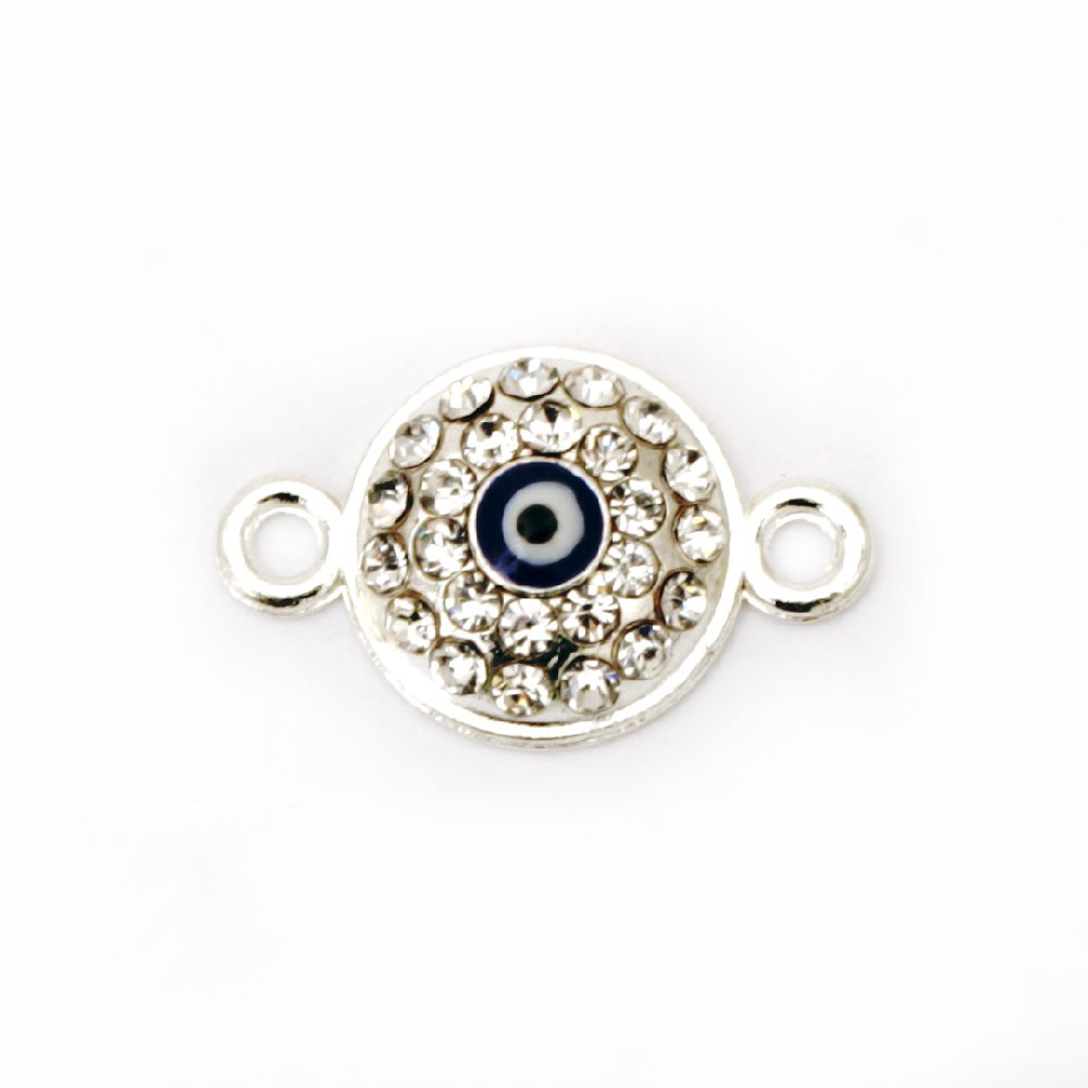 Round metal connecting element with lucky eye in the core and shiny crystals 17x10 mm hole 1.5 mm color silver - 2 pieces