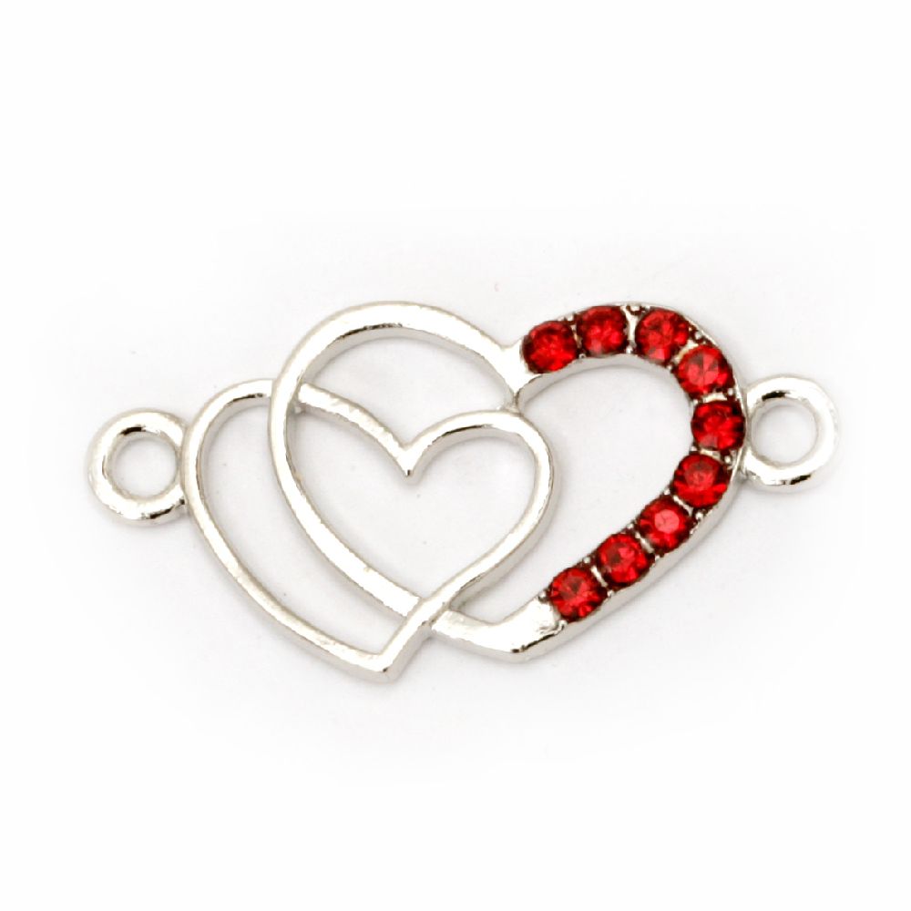 Jewelry component, metal hearts connector, with red color crystals 27x14 mm hole 1.5 mm silver color - 2 pieces