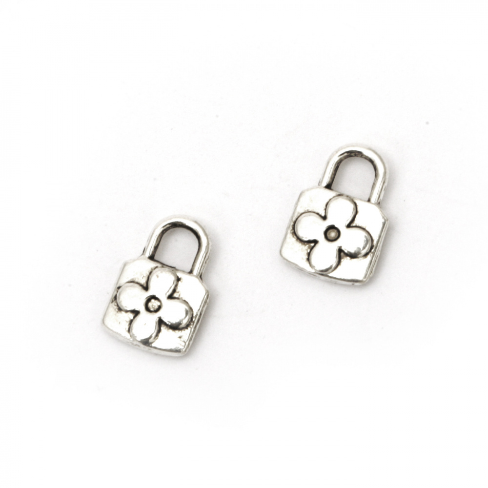 Висулка метална катинар 11.5x8x2 мм дупка 3 мм цвят старо сребро -20 броя