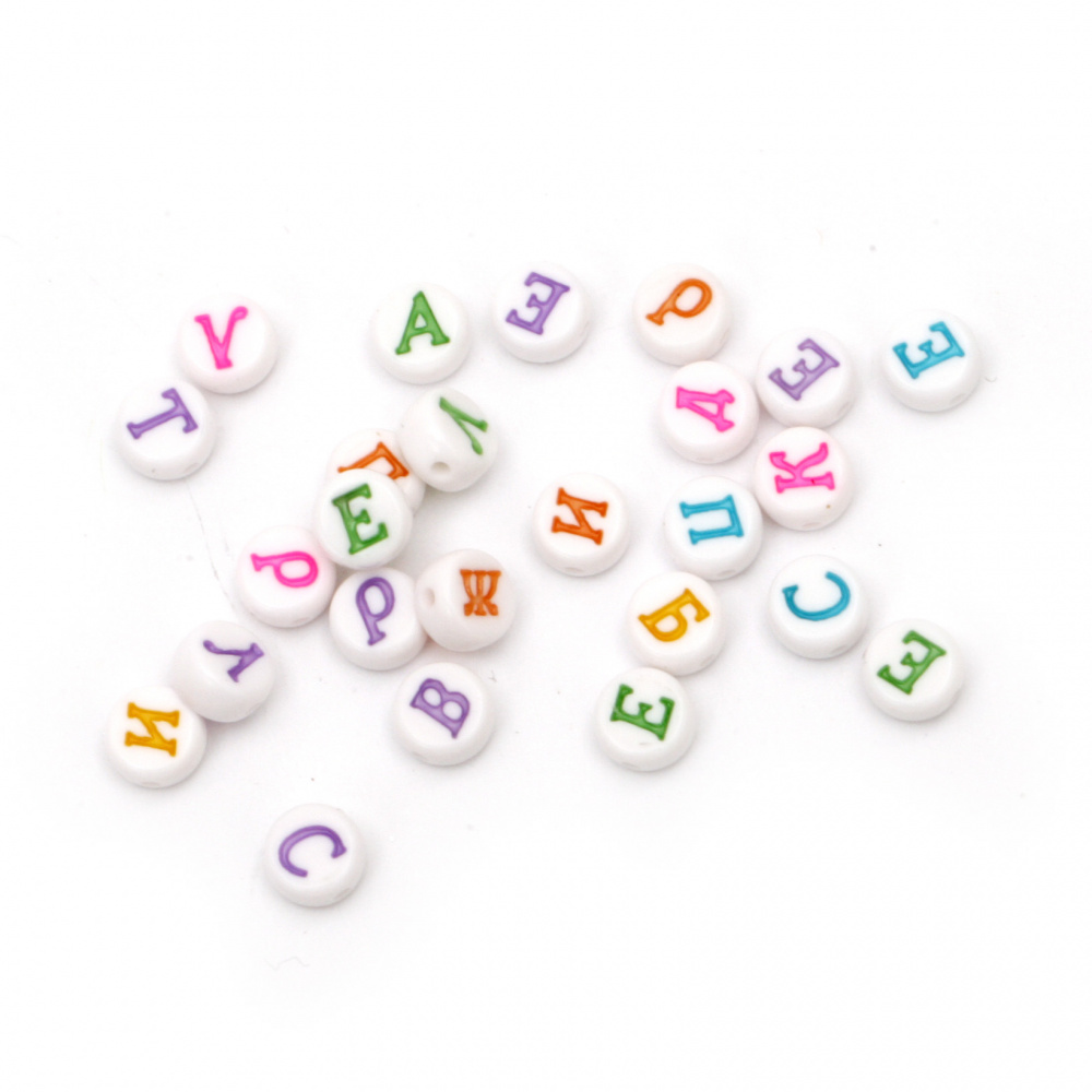 Two-color circle bead  with letters 7x4 mm hole 1 mm mix - 20 grams ~60 pieces