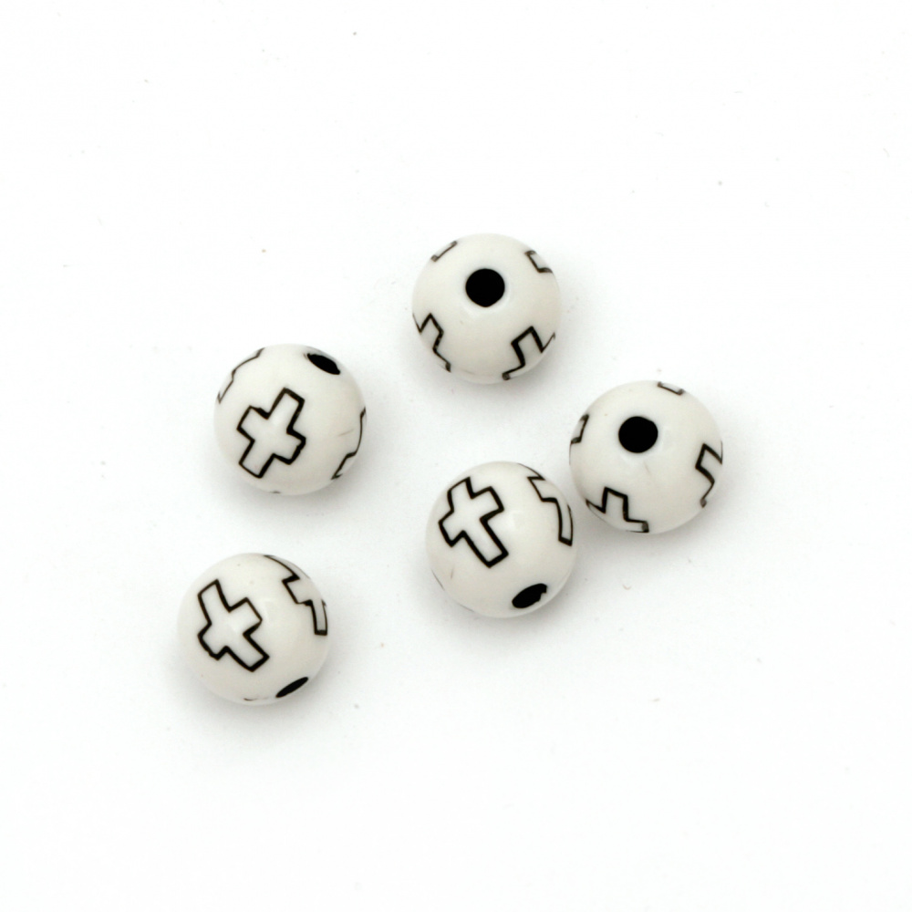 Two-color bead ball with cross 10 mm hole 2 mm white - 50 grams ~ 90 pieces