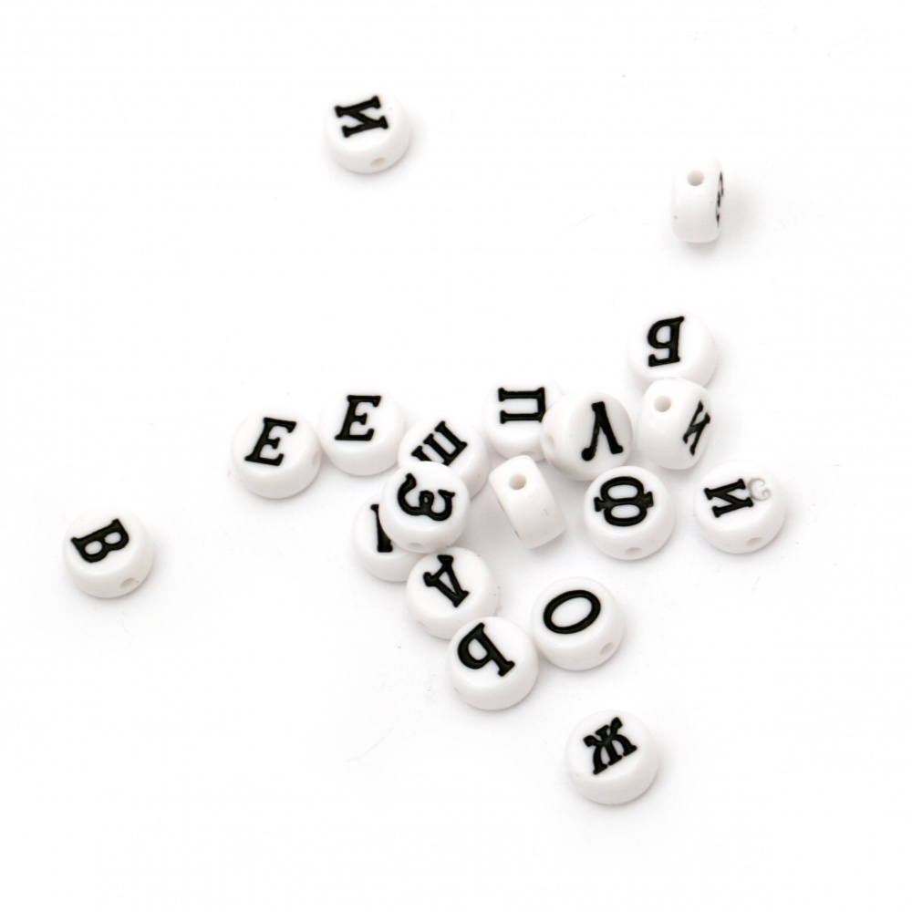 Two-colored circle bead with letters 7x4 mm hole 1 mm white and black - 20 grams ~ 60 pieces