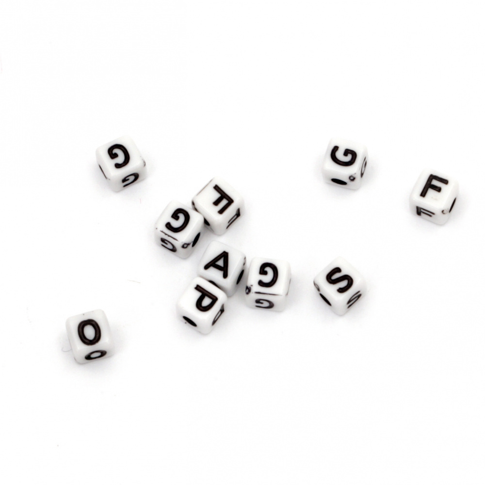 Two-color cube bead with letters 5x5 mm hole 1.5 mm white and black - 20 grams ~200 pieces