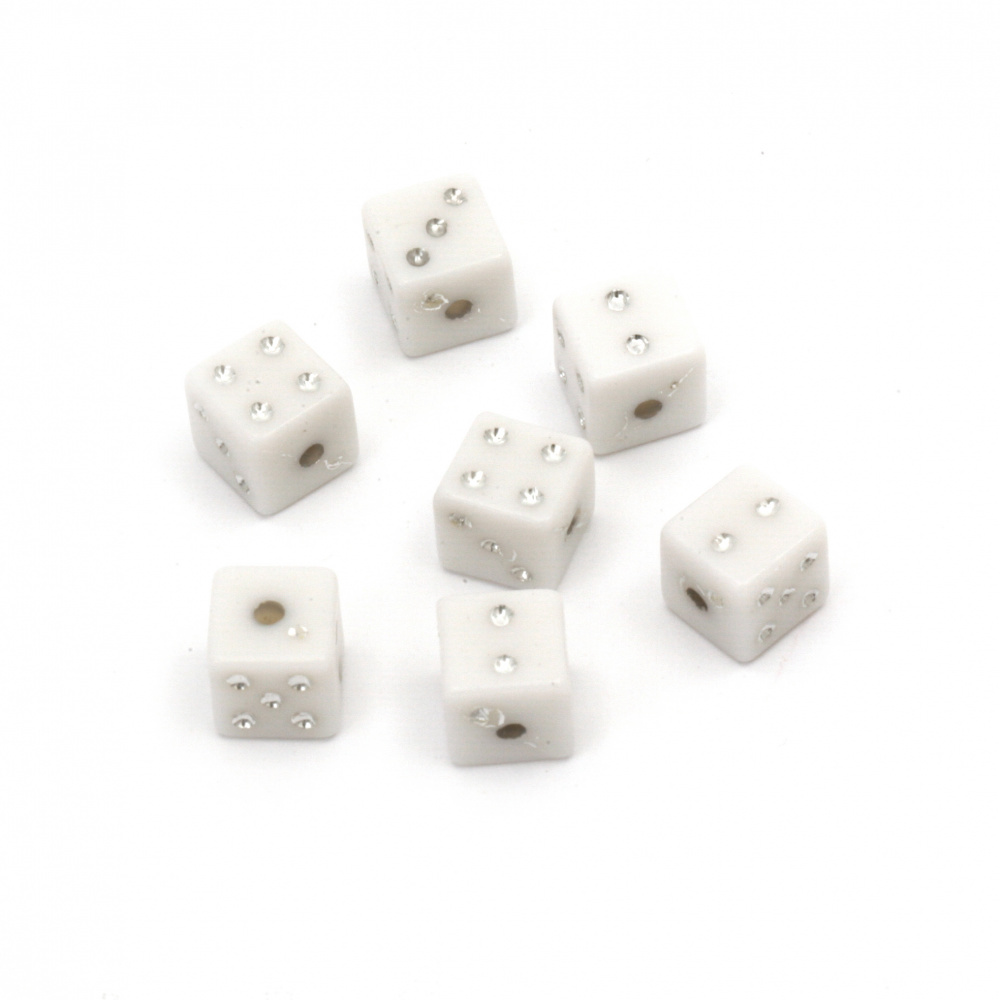 Plastic Dice Bead with Imitation of Crystals, 7.5 mm, Hole: 1.5 mm, White -20 grams ~ 45 pieces