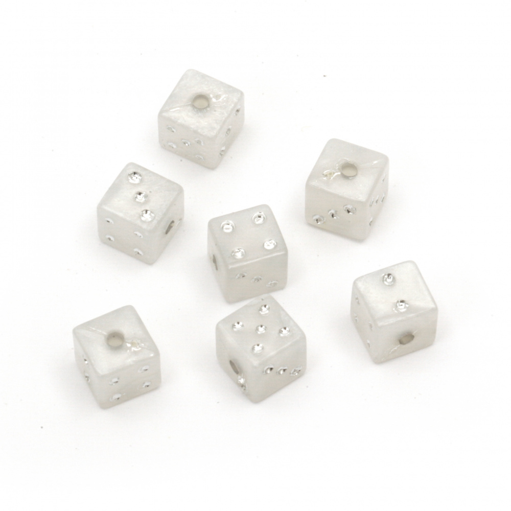 Acrylic Dice Bead with Silver Paint, 7.5 mm, Hole: 1.5 mm, Pearl White -20 grams ~ 45 pieces