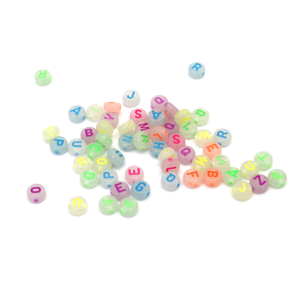 LUMINOUS Bead, Two-Color Circle with Letters / 7x3.5 mm, Hole: 1 mm / MIX - 20 grams ~ 147 pieces