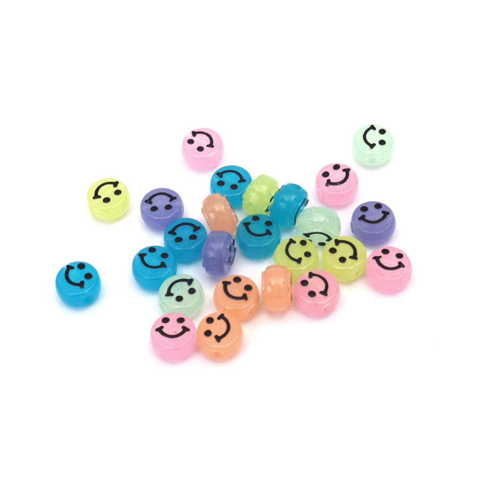 LUMINOUS Coin Bead, Smiley Face / 10x6 mm, Hole: 2 mm, MIX - 20 grams ~ 60 pieces