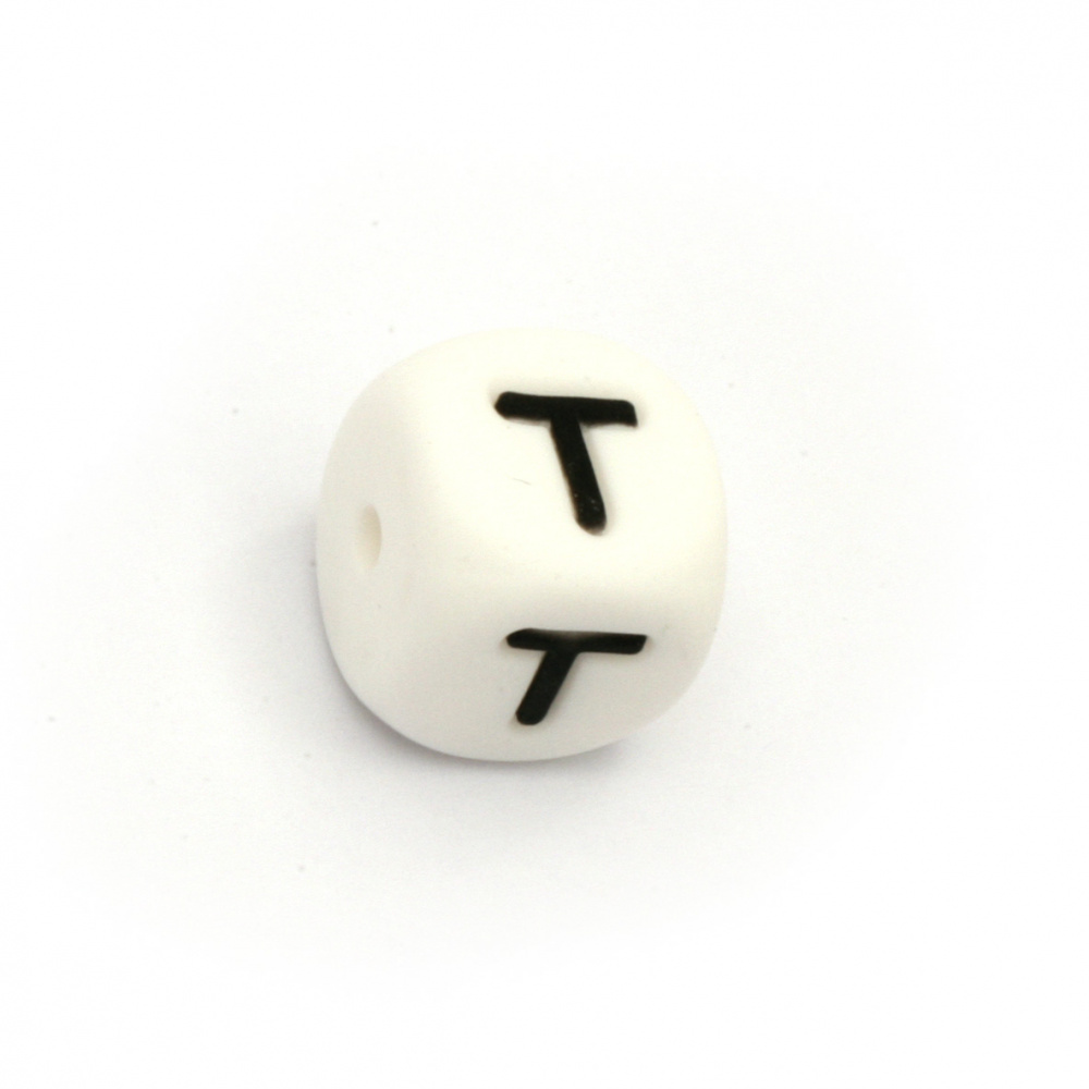 Мънисто силикон кубче 12x12 мм дупка 2.5 мм цвят бял буква Т