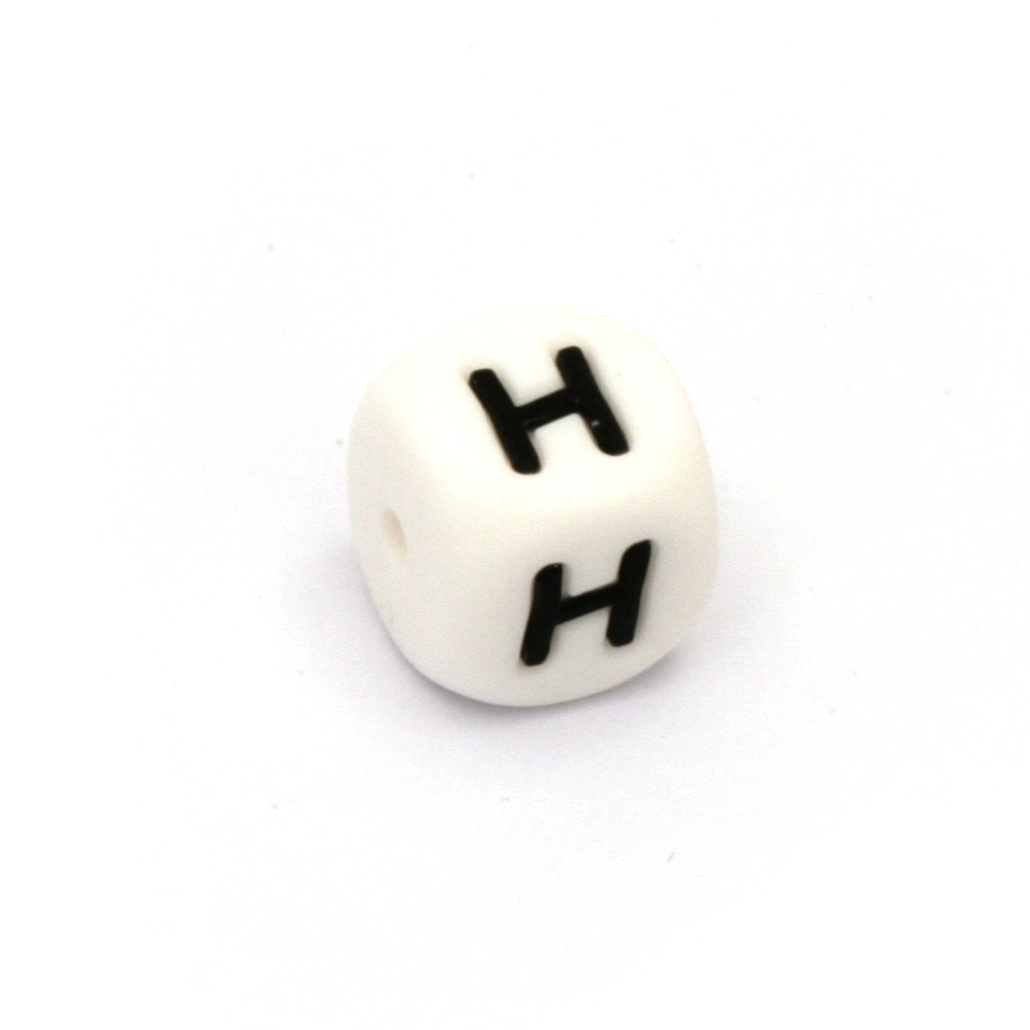 Silicone Beads with letter Н, cube, white, 12x12 mm, hole size 2.5 mm -1 pc
