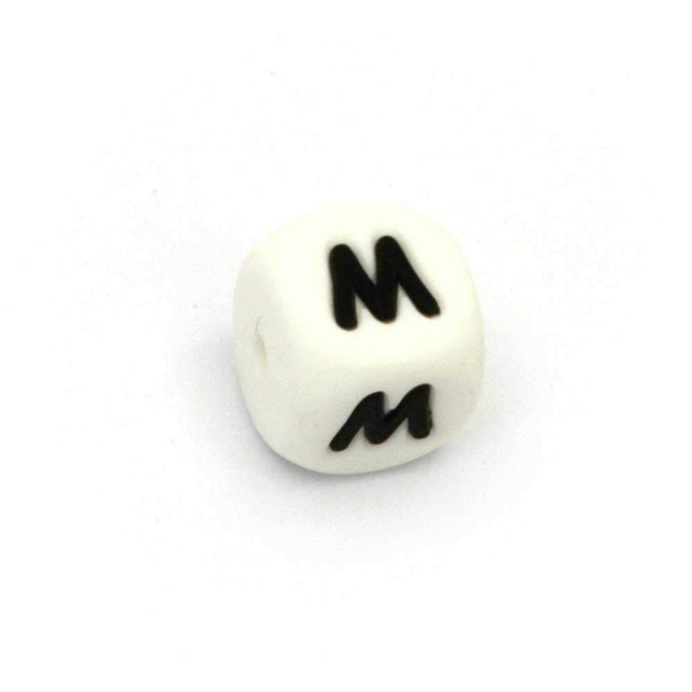 Silicone Beads with letter М, cube, white, 12x12 mm, hole size 2.5 mm -1 pc