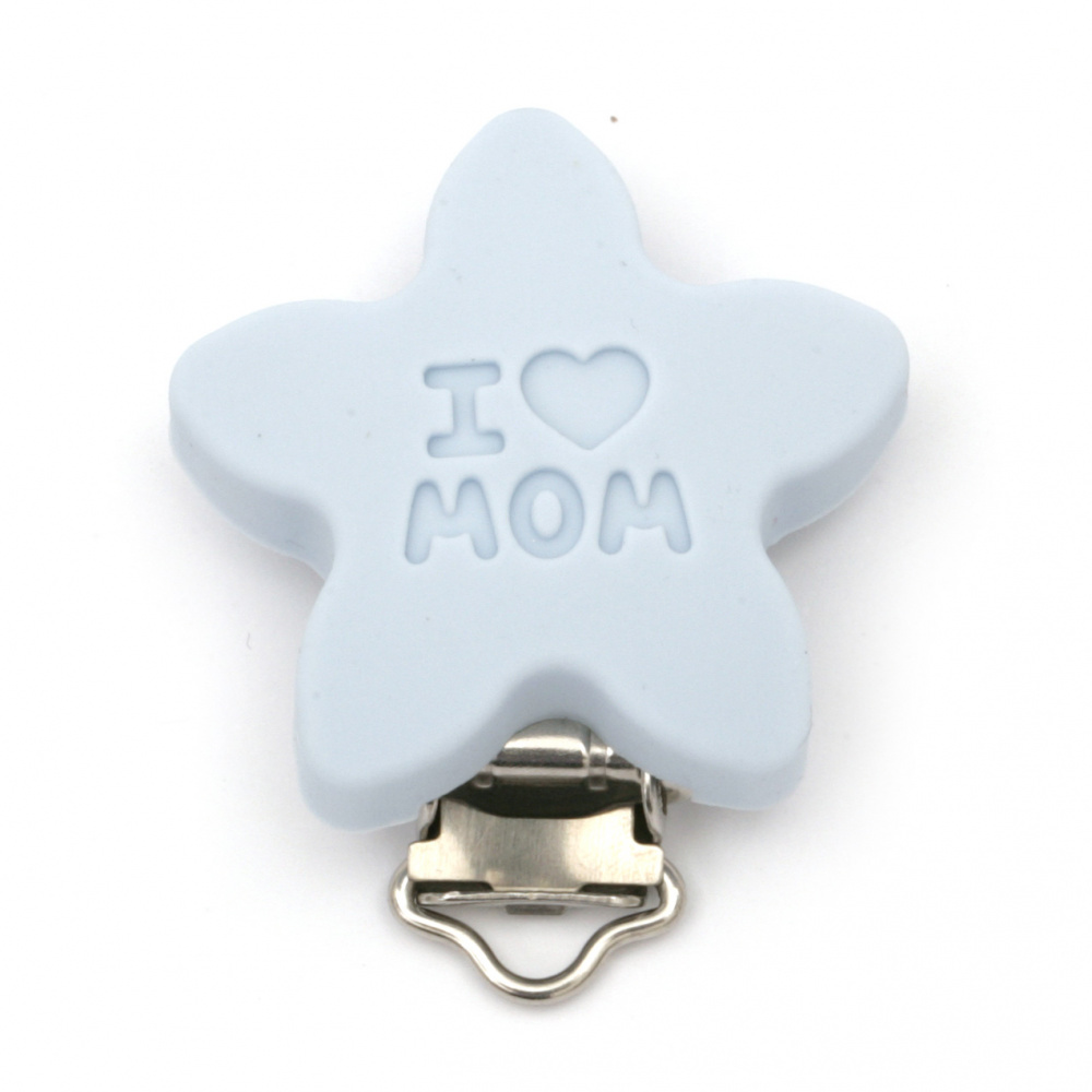 Silicone clip for pacifier star with engraved I love Mom 45x39x18 mm color blue - 1 piece