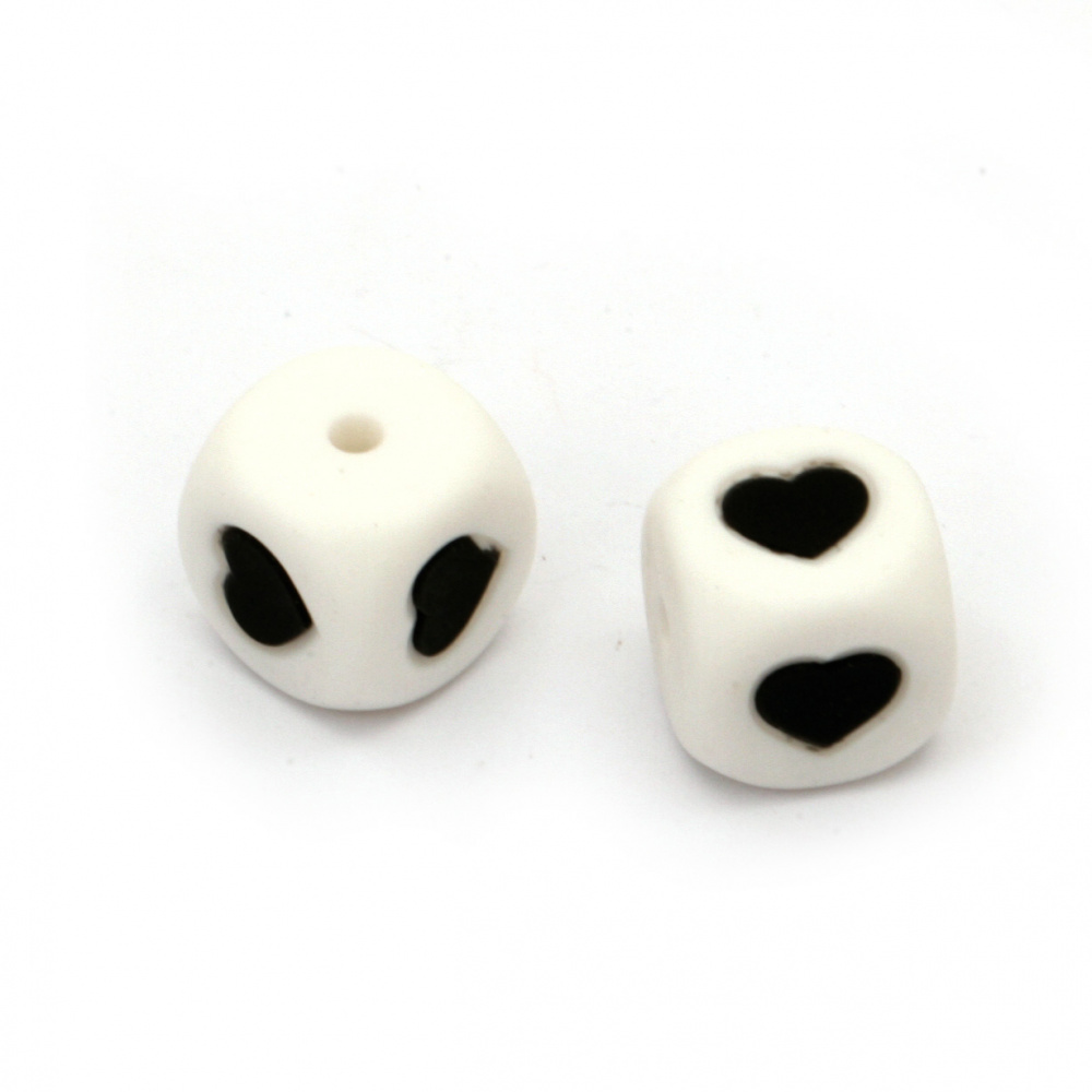 Cube Silicone Bead, 12x12 mm, Hole: 2.5 mm, White with Black Hearts  - 2 pieces