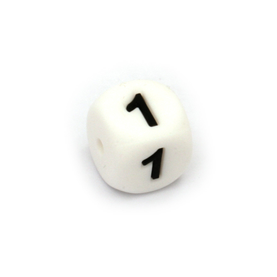 Cube Silicone Bead with Figure 1, 12x12 mm, Hole: 2.5 mm, White 
