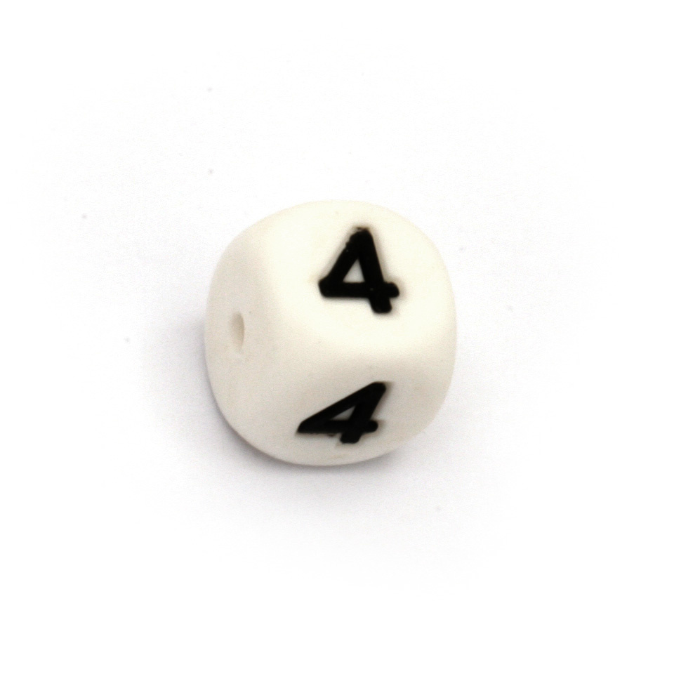 Cube Silicone Bead with Figure 4, 12x12 mm, Hole: 2.5 mm, White 