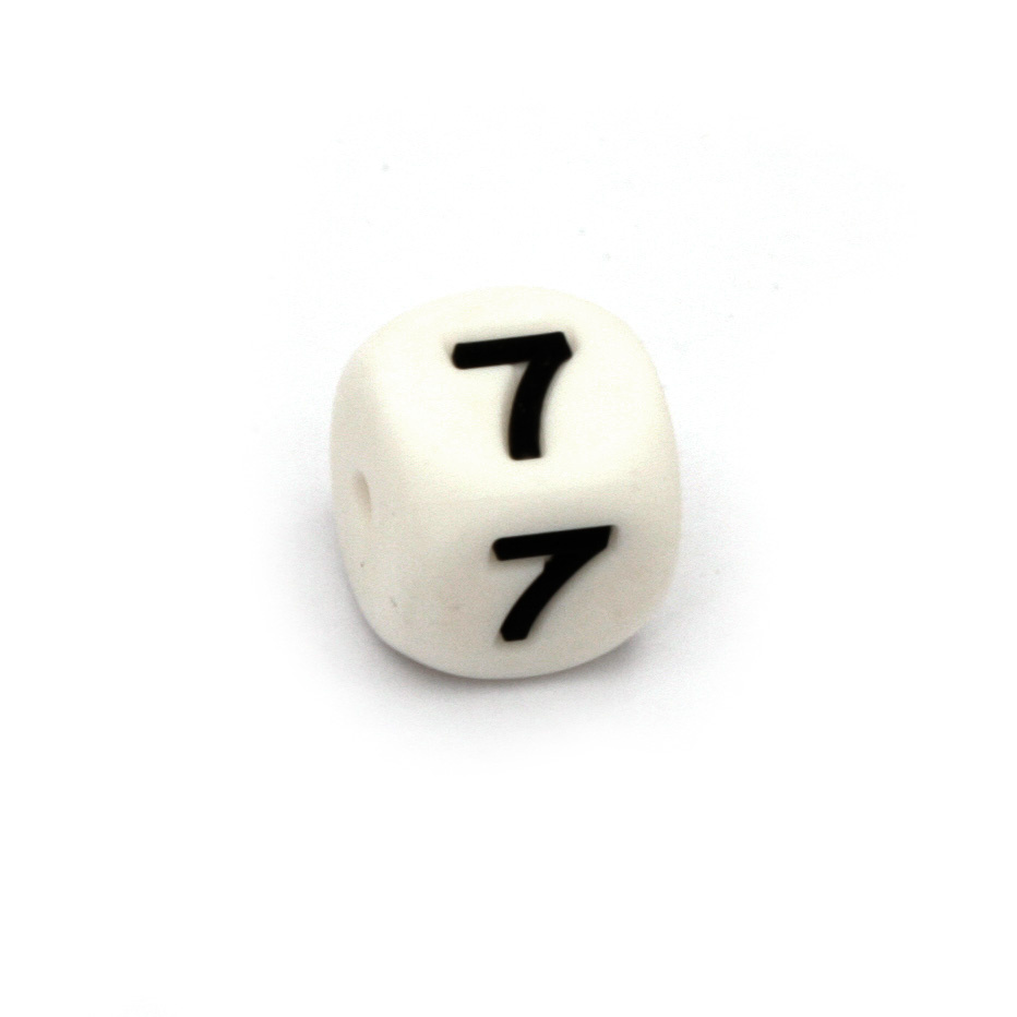 Cube Silicone Bead with Figure 7, 12x12 mm, Hole: 2.5 mm, White 