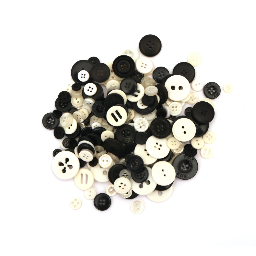 Plastic Buttons for Decoration / 9-35 mm / Black and White MIX - 150 grams
