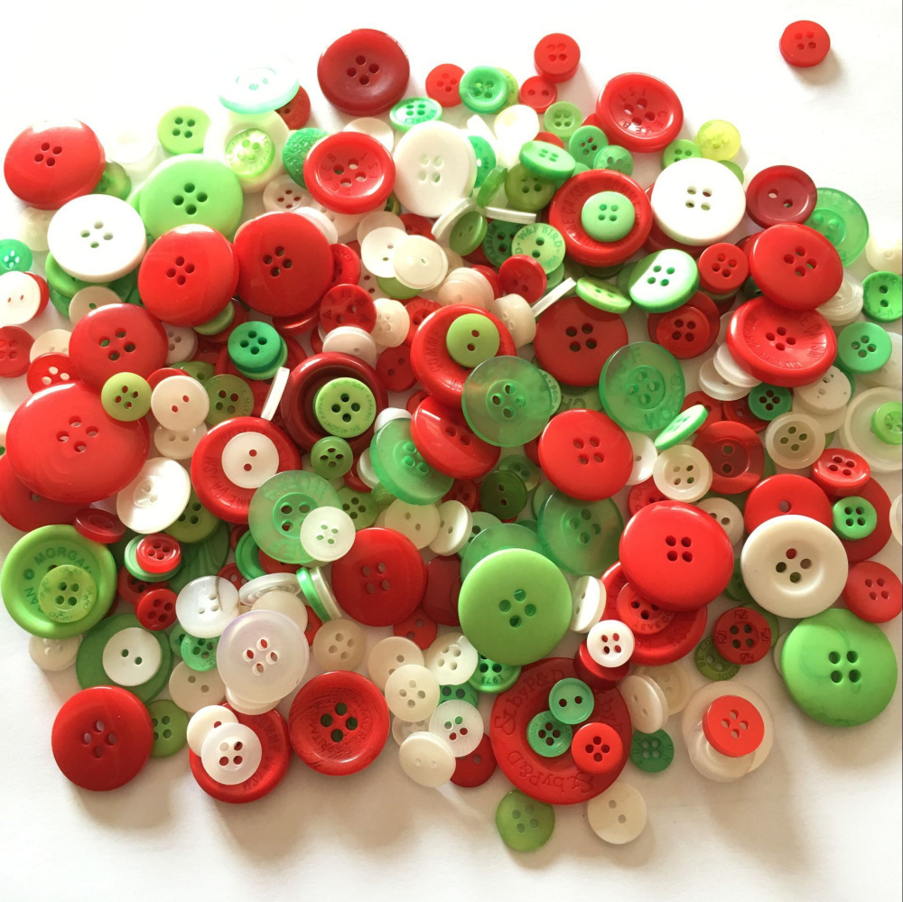 Plastic Buttons for Decoration / 9-30 mm / White, Green, Red - 300 grams