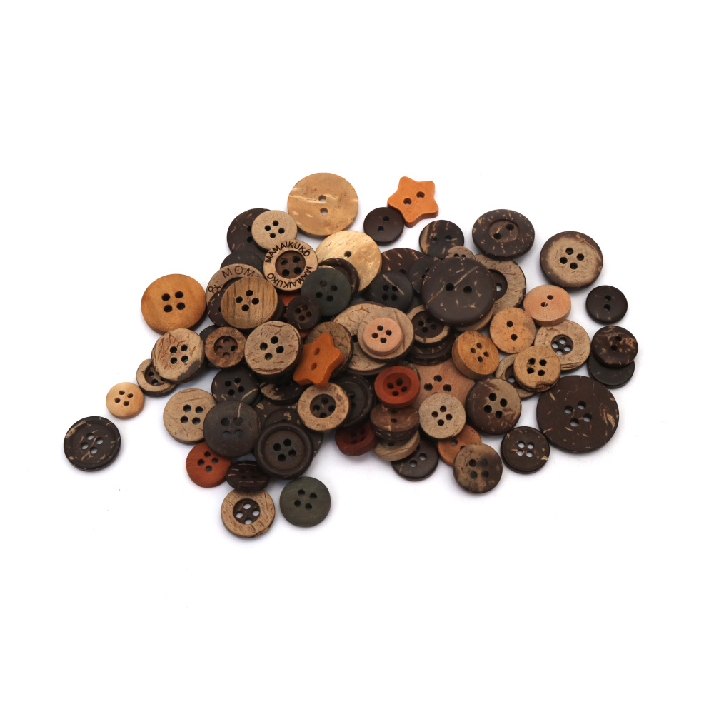 Nasturi din lemn natural 9–35 mm – MIX de nuanțe maro, set 100 g pentru artizanat rustic, cusut, împachetare cadouri și decorațiuni creative