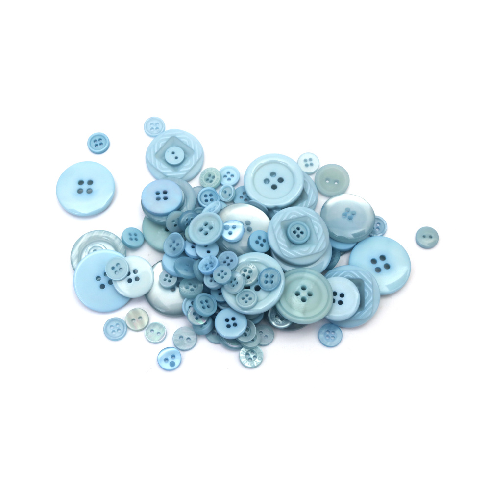 Nasturi din plastic 9–30 mm – nuanțe de albastru, set asortat 300 g pentru cusut, scrapbooking și proiecte creative decorative