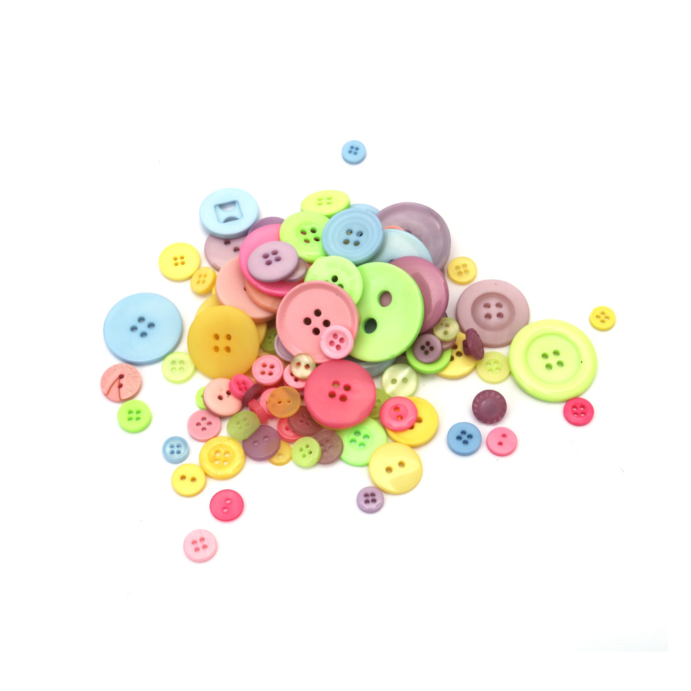Vibrant Plastic Buttons 9–30 mm – MIX Colors, 175 g Set for Fun Sewing, Scrapbooking & Creative DIY Decorations