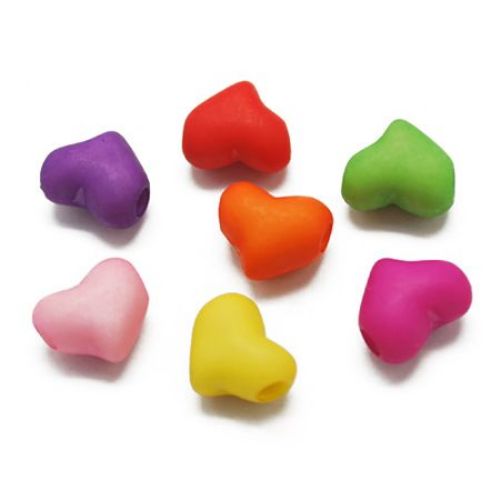 Colorful Frosted Plastic Heart Bead for DIY Jewelry and Decoration, 9x11x7 mm, Hole: 2 mm, MIX -50 grams ~ 143 pieces