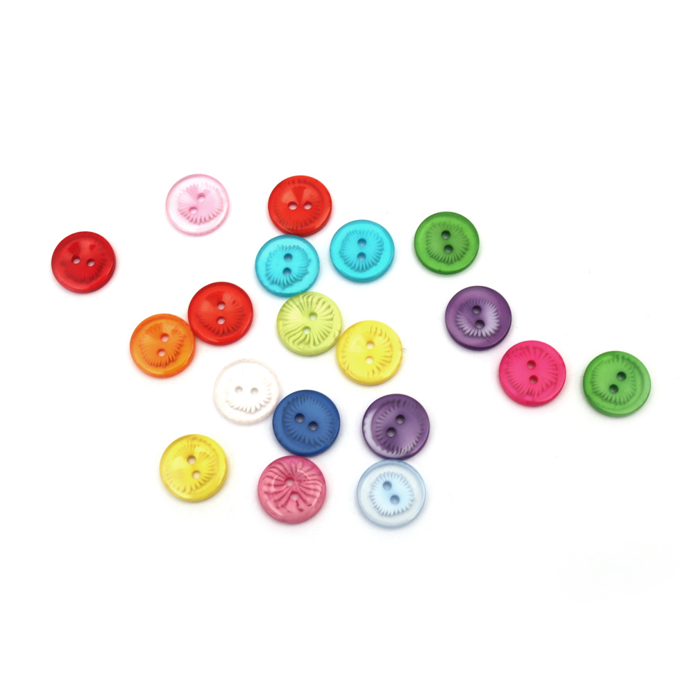 Acrylic Round Button with Flower /  14x2 mm, Holes: 1 mm / MIX - 20 pieces