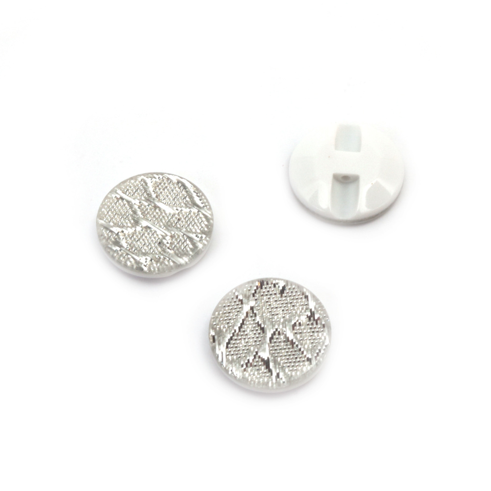 Round Acrylic Button / 18x5 mm,  Hole: 1 mm / White with Silver - 10 pieces