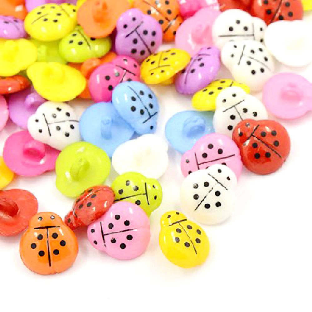 Bright Plastic Ladybug Button for Children Accessories, 14x13x3 mm, Hole: 3 mm, MIX -20 pieces