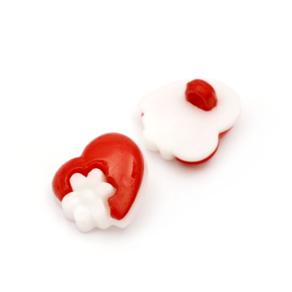 Plastic heart with flower button for sewing 15x14x5 mm hole 3 mm red and white - 20 pieces