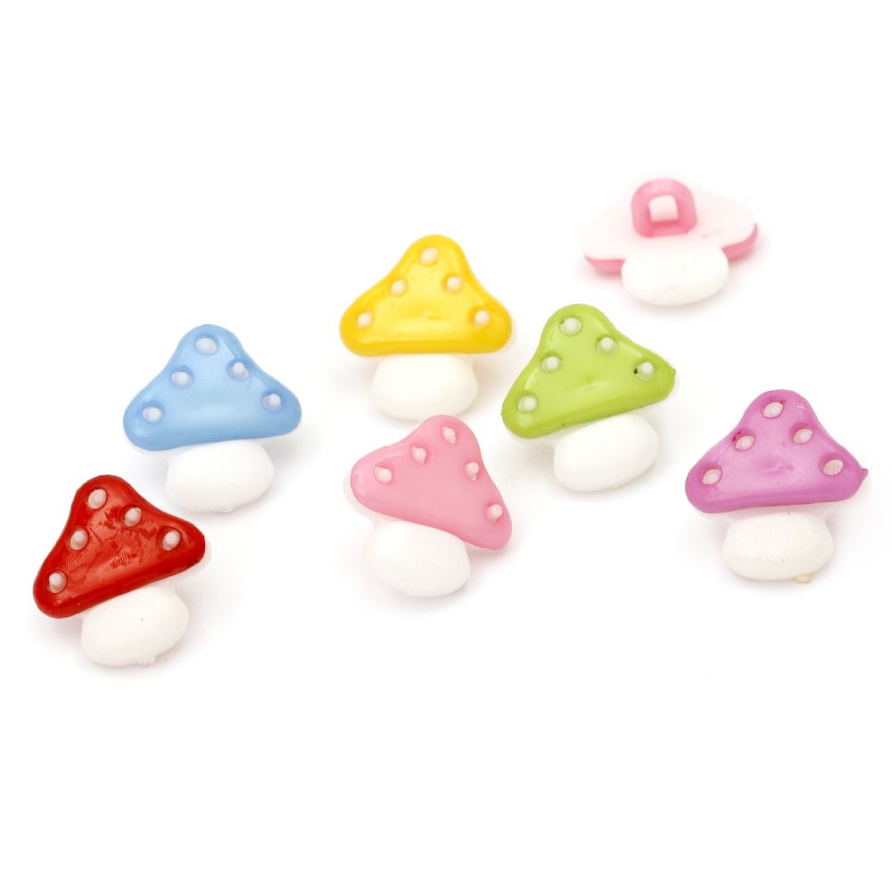 Cute Plastic Mushroom Button for Children Accessories, 15x14x3 mm, Hole: 3 mm, MIX -20 pieces