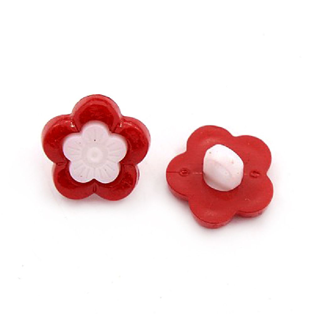 Plastic flower button for sewing 14x3 mm hole 4 mm white and red - 20 pieces