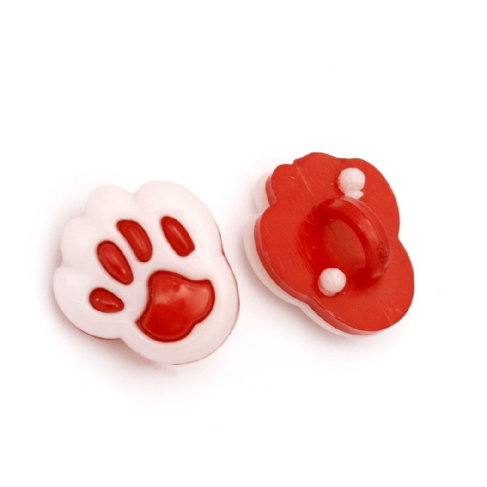Plastic paw button for sewing14x12x4 mm hole 4 mm white and red - 20 pieces