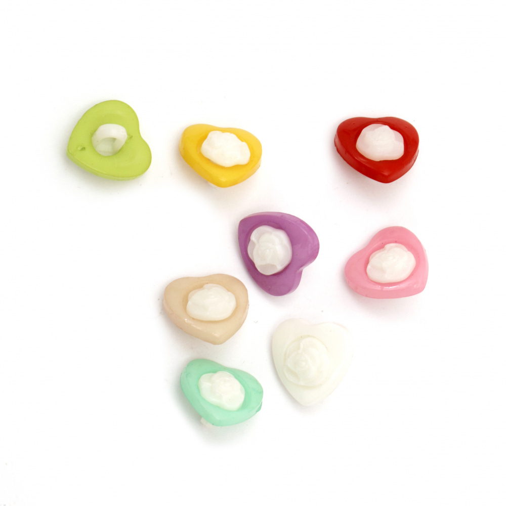 Plastic heart button for sewing 14x14x4 mm hole 4 mm mix - 20 pieces