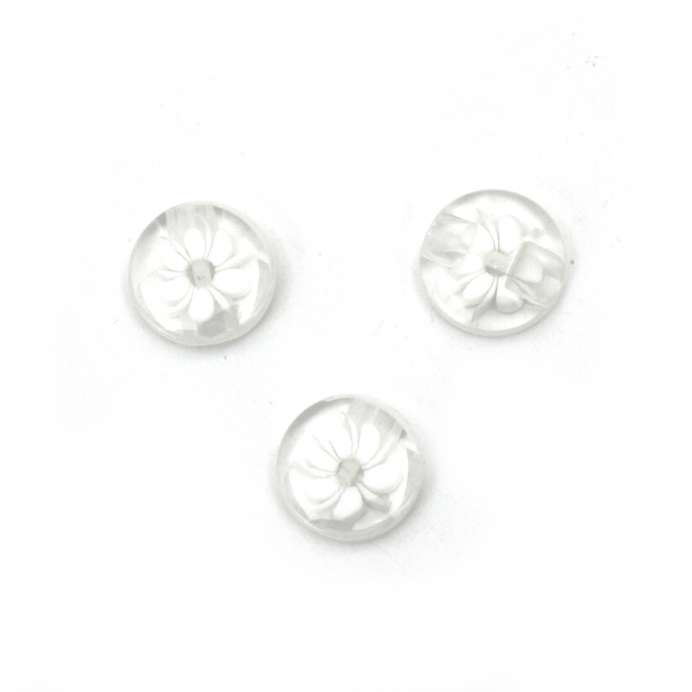 Transparent Round Button with Flower, 12x4 mm, Hole: 1 mm, White -20 pieces