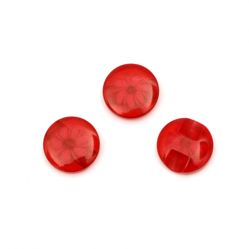 Plastic round button with flower for sewing, scrapbooking, DIY home decoration accessories 12x4 mm hole 1 mm red - 20 pieces