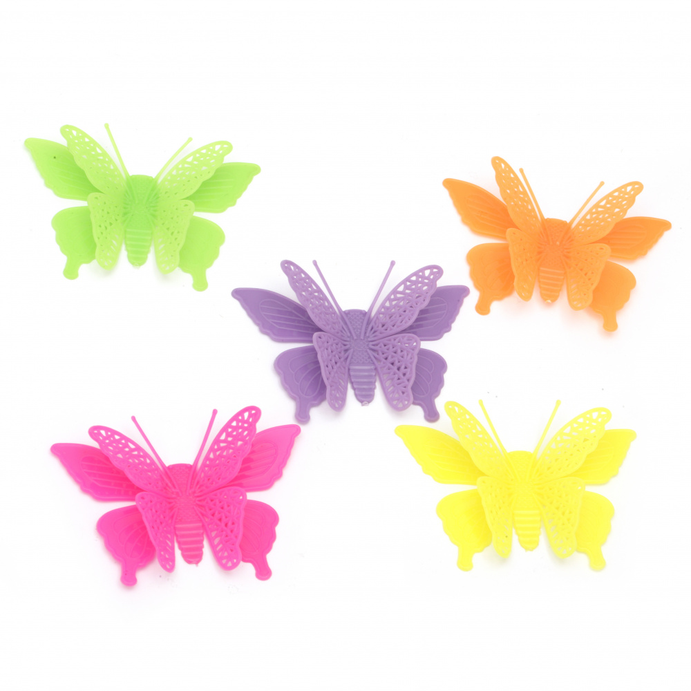 Figurină plastic fluture tip 3D cabochon 52x78x20 mm culoare Mix -5 bucăți