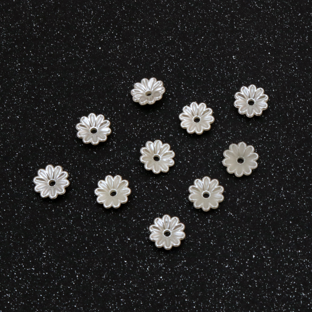 Mărgele perlă capac de flori 10x3 mm gaură 0,5 mm culoare alb -50 buc