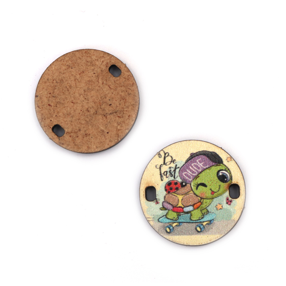 Round Connector Element made of MDF with Print Turtle, 25x3 mm, Hole: 2x3 mm - 5 pieces