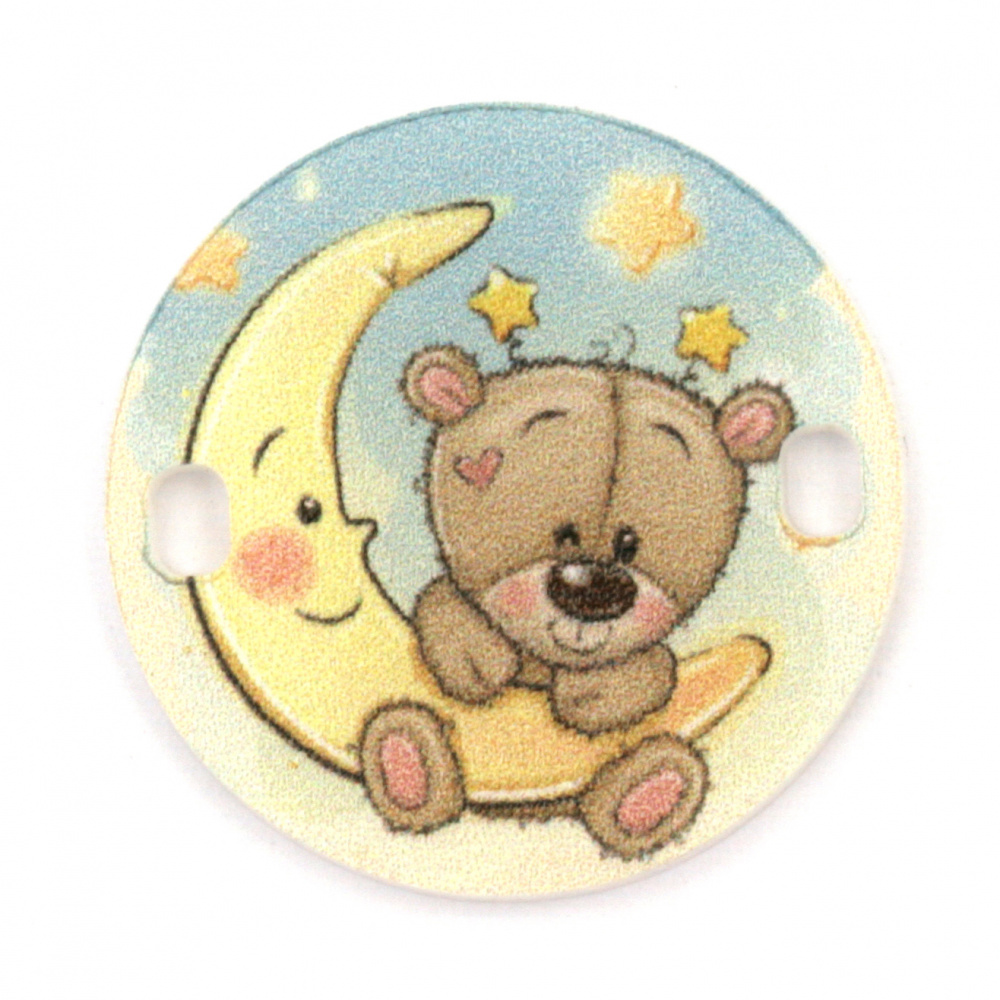 Round Plastic Link Tile with Print / Teddy-bear, 25x2 mm, Holes: 2x3 mm - 5 pieces