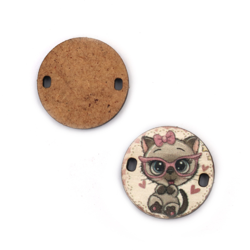 Round Tile Shaped MDF Connecting Element with Print / Kitten, 25x3 mm, Holes: 2x3 mm - 5 pieces