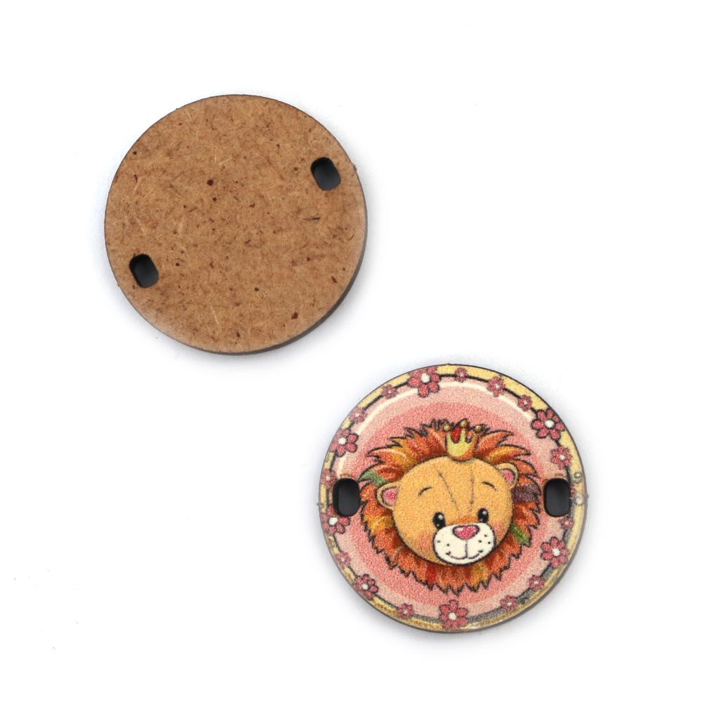 Oval Tile Shaped Connecting Element made of MDF / for Baby and Children's Accessories / Print: Lion, 25x3 mm, Holes: 2x3 mm - 5 pieces